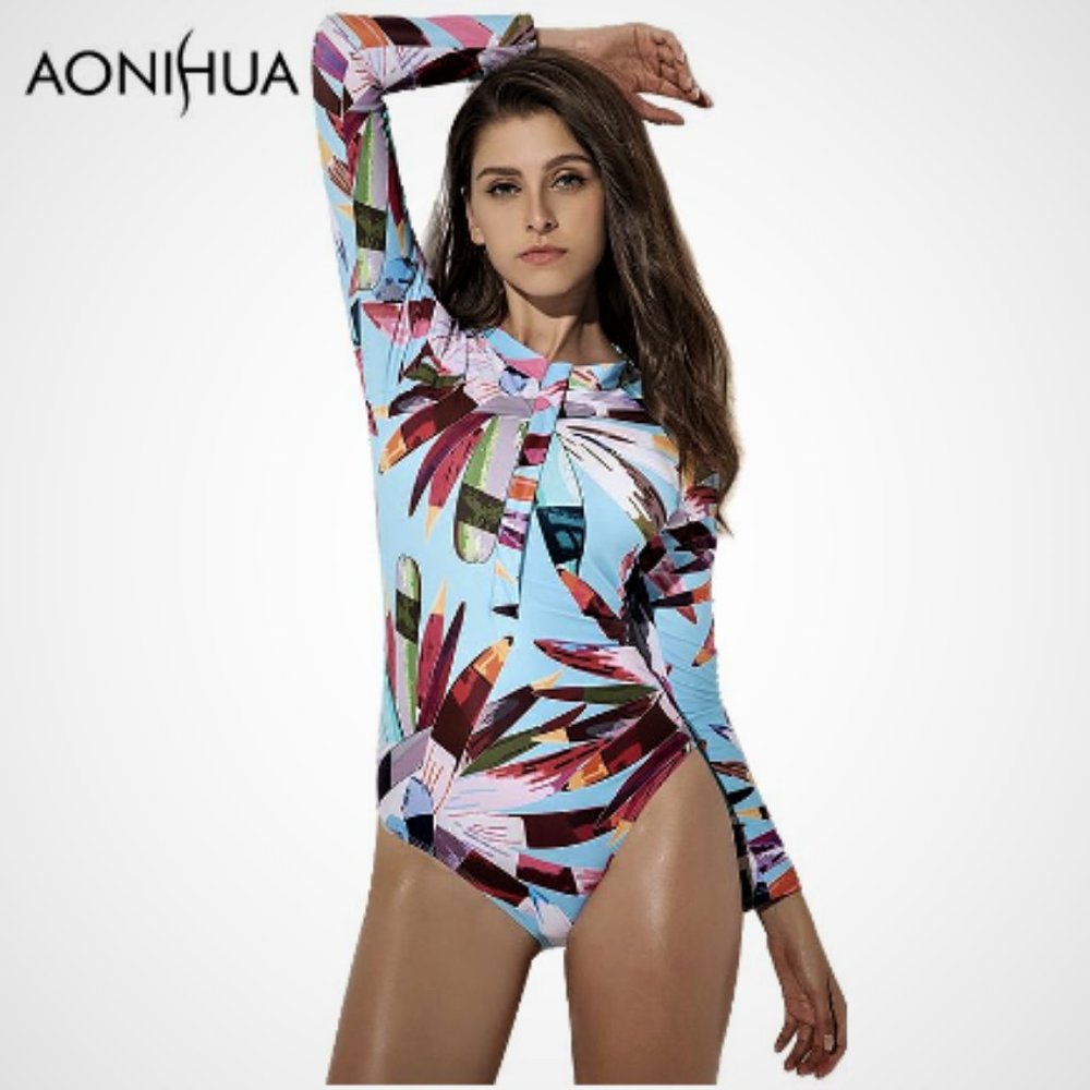 AONIHUA Front Zipper 1pc long sleeve Swimsuit